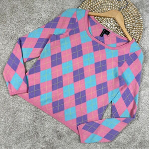 Exposite 100% Cashmere Sweater Long Sleeve Argyle Buffalo Plaid Check Pink L